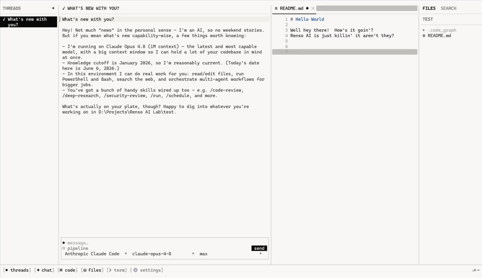 Code Graph Terminal IDE Mode in the light theme — threads, chat, a README editor tab, and the files column, with the agent composer docked below.